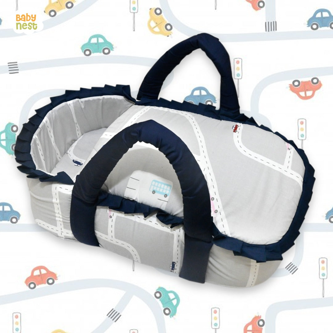 Babynest Boutique Cotton Carry Nest & Sleeping Bag Grey Car Track Print