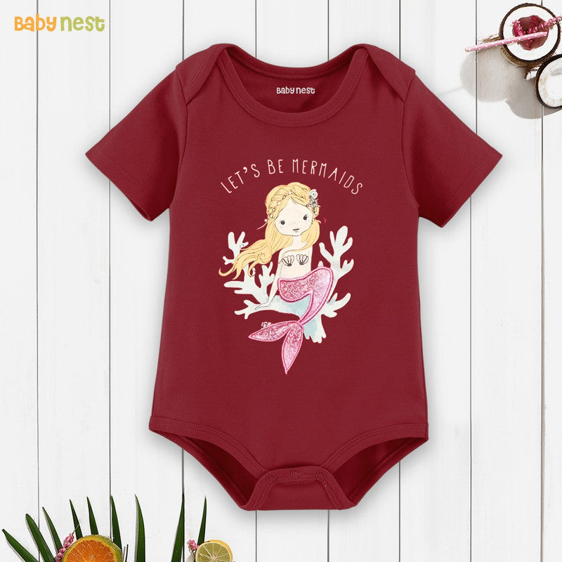 Lets Be Mermaid Print Half Romper For Kids - RBT-Maroon-D1