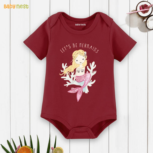 Lets Be Mermaid Print Half Romper For Kids - RBT-Maroon-D1