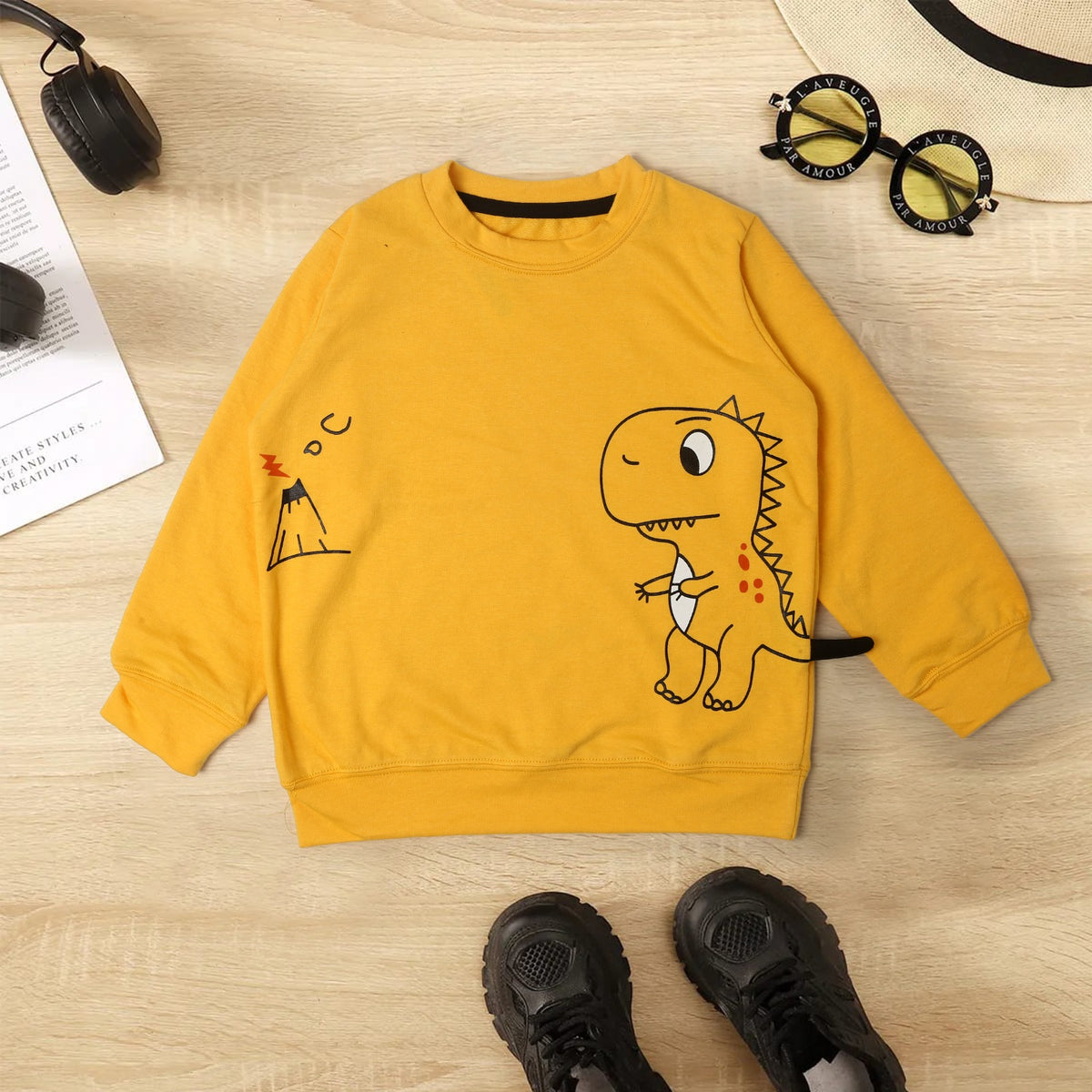 Dino Terry Sweatshirt for Kids with 3d tail - Yellow