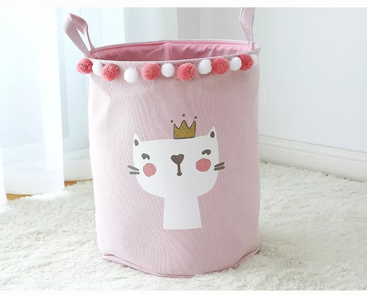 Cute Cat Design Storage Laundry Basket Bin With Handles - Pink