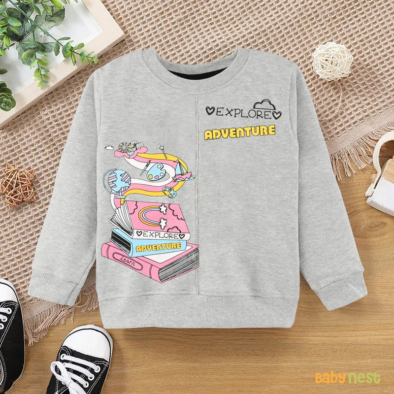 Full Sleeve Explore Adventure Printed Sweatshirt for Kids Grey