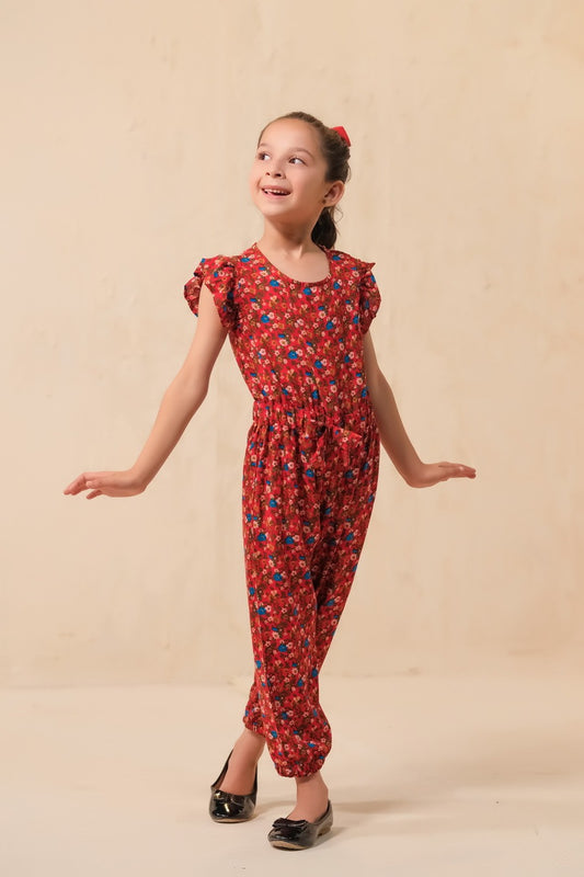 Allover Floral Print Jumpsuit - Red