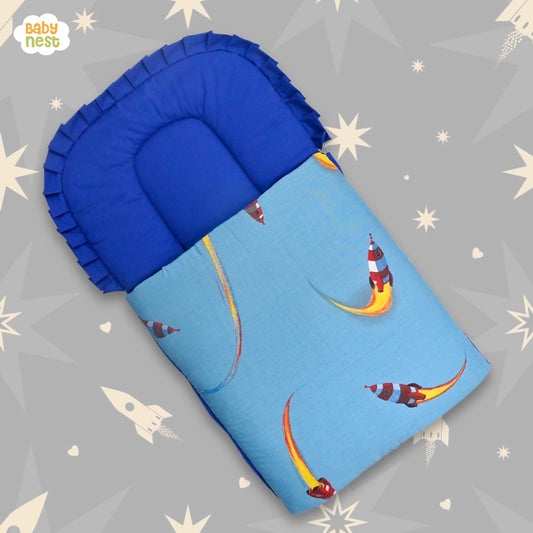 Babynest Boutique Cotton Carry Nest & Sleeping Bag Blue Rocket Print