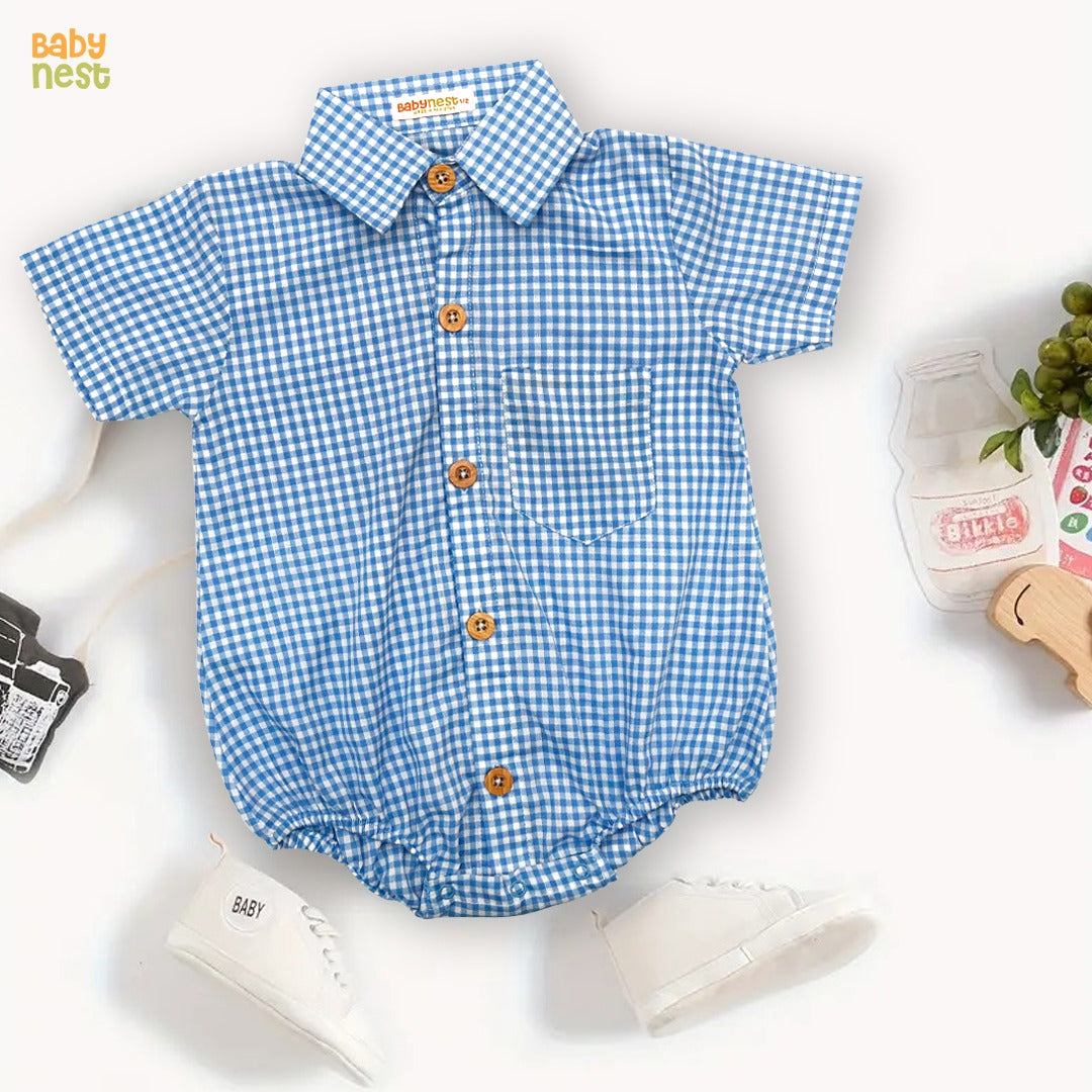 Blue Check Baby Half Romper