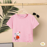 Flowers with embroidery - Half sleeves T-shirts For Kids - Pink - SBT-359