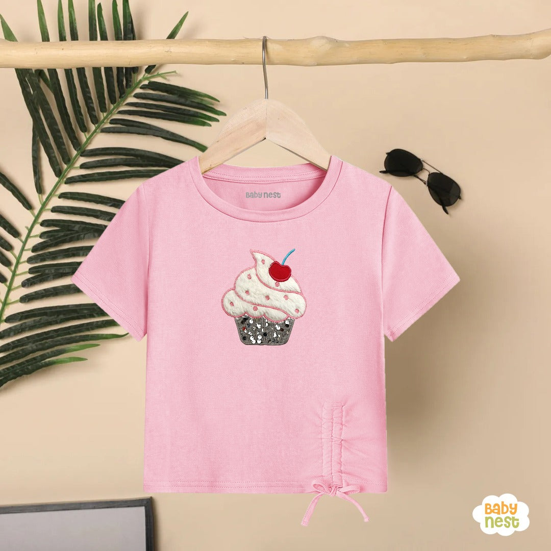 Cupcake with embroidery - Half sleeves T-shirts For Kids - Pink - SBT-361
