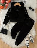 Stylish Black Pearl-Studded Zip-up Fleece Tracksuit for Kids