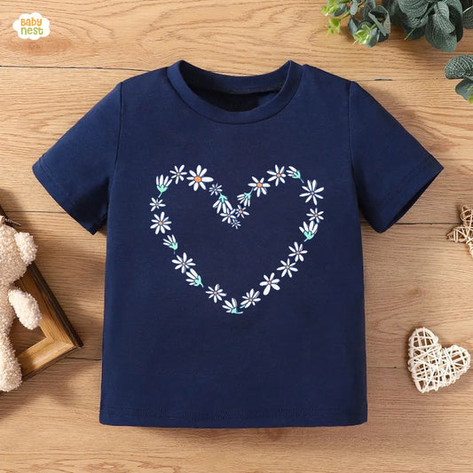 Flowers Heart Half Sleeves T-shirt For Kids - Navy Blue - SBT-339