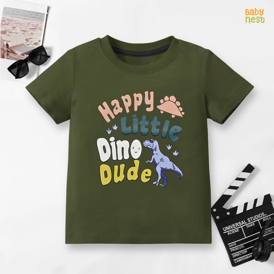 Dino Dude Half Sleeves T-shirt For Kids - Green - SBT-344