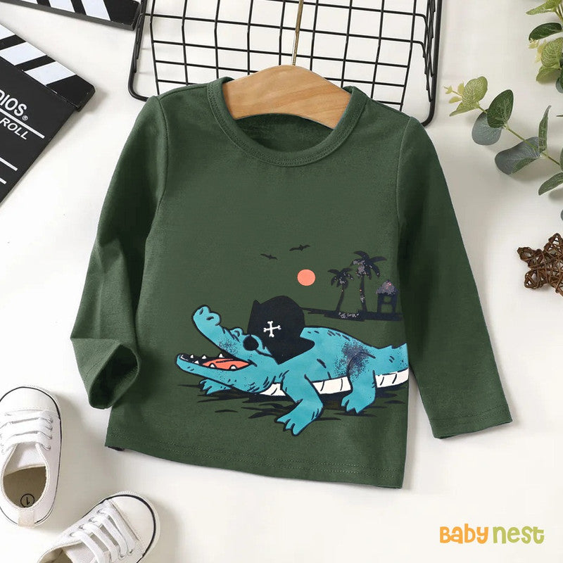 Printed Crocodile Full Sleeves T-Shirts for Kids - Green