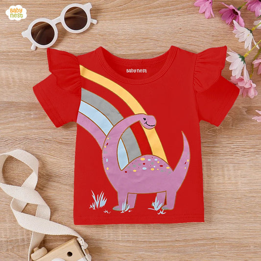 Dino Rainbow Frill Half Sleeves T-shirts For Kids Red - SBT-351